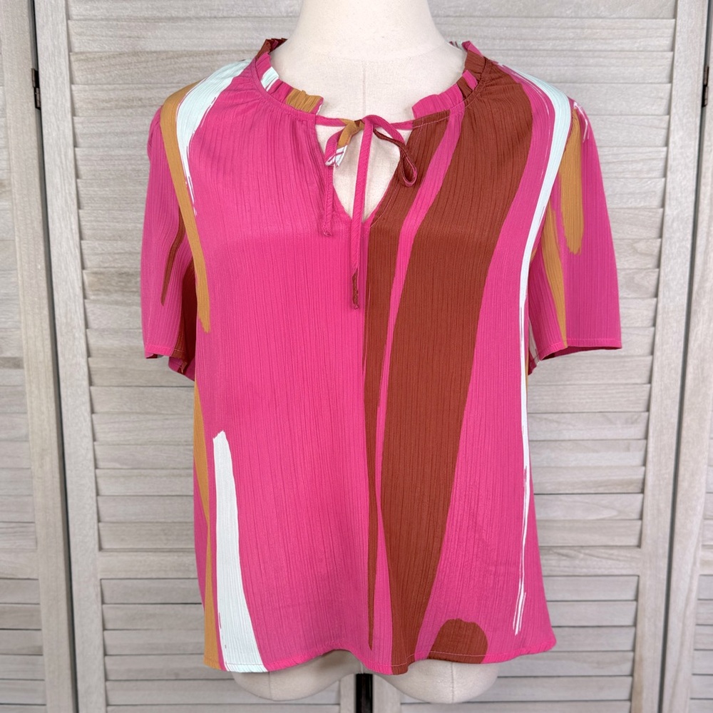 NINE WEST Women's Colorful Brushstroke Split Neck Short Sleeve Blouse-M (petite)